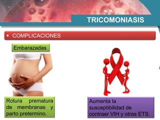 TRICOMONIASIS
 COMPLICACIONES
Embarazadas
Rotura prematura
de membranas y
parto pretermino.
Aumenta la
susceptibilidad de
contraer VIH y otras ETS.
 