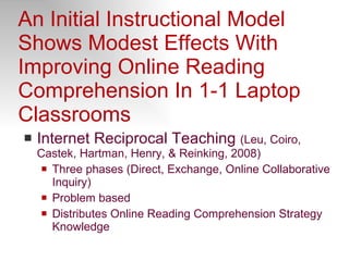 An Initial Instructional Model Shows Modest Effects With Improving Online Reading Comprehension In 1-1 Laptop Classrooms Internet Reciprocal Teaching  (Leu, Coiro, Castek, Hartman, Henry, & Reinking, 2008) Three phases (Direct, Exchange, Online Collaborative Inquiry) Problem based  Distributes Online Reading Comprehension Strategy Knowledge 