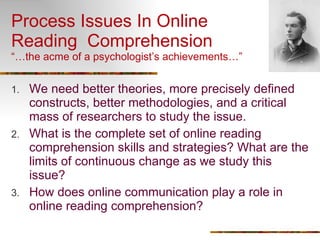 Process Issues In Online  Reading  Comprehension “…the acme of a psychologist’s achievements…” We need better theories, more precisely defined constructs, better methodologies, and a critical mass of researchers to study the issue. What is the complete set of online reading comprehension skills and strategies? What are the limits of continuous change as we study this issue? How does online communication play a role in online reading comprehension? 