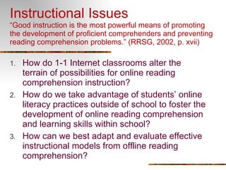 Instructional Issues “Good instruction is the most powerful means of promoting the development of proficient comprehenders and preventing reading comprehension problems.” (RRSG, 2002, p. xvii) How do 1-1 Internet classrooms alter the terrain of possibilities for online reading comprehension instruction? How do we take advantage of students’ online literacy practices outside of school to foster the development of online reading comprehension and learning skills within school? How can we best adapt and evaluate effective instructional models from offline reading comprehension? 