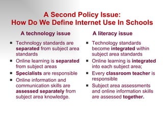 A Second Policy Issue: How Do We Define Internet Use In Schools A literacy issue Technology standards are  separated  from subject area standards  Online learning is  separated  from subject areas Specialists  are responsible Online information and communication skills are  assessed separately  from subject area knowledge.  Technology standards become  integrated  within subject area standards  Online learning is  integrated  into each subject area;  Every  classroom teacher  is responsible Subject area assessments and online information skills are assessed  together. A technology issue 