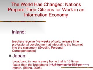 The World Has Changed: Nations Prepare Their Citizens for Work in an Information Economy Finland: teachers receive five weeks of paid, release time professional development at integrating the Internet into the classroom (Svedlin, Personal Correspondence) Japan: broadband in nearly every home that is 16 times faster than the broadband in US homes for $22 per month. (Bleha, 2005) This generation’s defining technology for reading. 