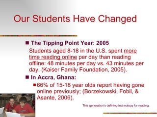 Our Students Have Changed The Tipping Point Year: 2005 Students aged 8-18 in the U.S. spent  more time reading online  per day than reading offline: 48 minutes per day vs. 43 minutes per day. (Kaiser Family Foundation, 2005).   In Accra, Ghana:  66% of 15-18 year olds report having gone online previously; (Borzekowski, Fobil, & Asante, 2006). This generation’s defining technology for reading. 