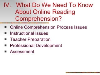 IV.  What Do We Need To Know  About Online Reading  Comprehension? Online Comprehension Process Issues Instructional Issues Teacher Preparation Professional Development Assessment 