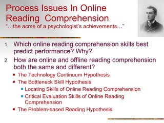 Process Issues In Online  Reading  Comprehension “…the acme of a psychologist’s achievements…” Which online reading comprehension skills best predict performance? Why? How are online and offline reading comprehension both the same and different?  The Technology Continuum Hypothesis The Bottleneck Skill Hypothesis Locating Skills of Online Reading Comprehension Critical Evaluation Skills of Online Reading Comprehension The Problem-based Reading Hypothesis 