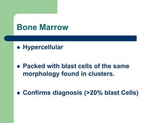 Bone Marrow
 Hypercellular
 Packed with blast cells of the same
morphology found in clusters.
 Confirms diagnosis (>20% blast Cells)
 