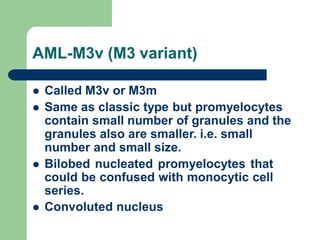 AML-M3v (M3 variant)
 Called M3v or M3m
 Same as classic type but promyelocytes
contain small number of granules and the
granules also are smaller. i.e. small
number and small size.
 Bilobed nucleated promyelocytes that
could be confused with monocytic cell
series.
 Convoluted nucleus
 