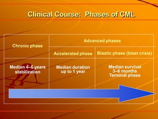Clinical Course: Phases of CML
Chronic phase
Median 4–6 years
stabilization
Accelerated phase
Median duration
up to 1 year
Blastic phase (blast crisis)
Median survival
3–6 months
Terminal phase
Advanced phases
 