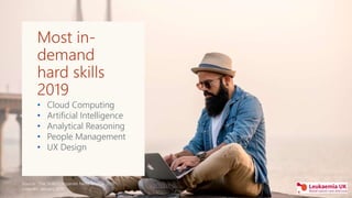 Most in-
demand
hard skills
2019
• Cloud Computing
• Artificial Intelligence
• Analytical Reasoning
• People Management
• ...