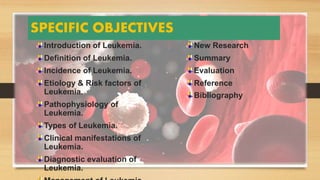 SPECIFIC OBJECTIVES
Introduction of Leukemia.
Definition of Leukemia.
Incidence of Leukemia.
Etiology & Risk factors of
Leukemia.
Pathophysiology of
Leukemia.
Types of Leukemia.
Clinical manifestations of
Leukemia.
Diagnostic evaluation of
Leukemia.
New Research
Summary
Evaluation
Reference
Bibliography
 