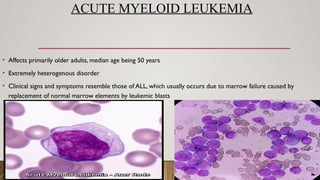 ACUTE MYELOID LEUKEMIA
• Affects primarily older adults, median age being 50 years
• Extremely heterogenous disorder
• Clinical signs and symptoms resemble those of ALL, which usually occurs due to marrow failure caused by
replacement of normal marrow elements by leukemic blasts
 