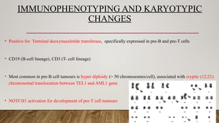 IMMUNOPHENOTYPING AND KARYOTYPIC
CHANGES
• Positive for Terminal deoxynucelotide transferase, specifically expressed in pre-B and pre-T cells
• CD19 (B-cell lineage), CD3 (T- cell lineage)
• Most common in pre-B cell tumours is hyper diploidy (> 50 chromosomes/cell), associated with cryptic (12;21)
chromosomal translocation between TEL1 and AML1 gene
• NOTCH1 activation for development of pre-T cell tumours
 