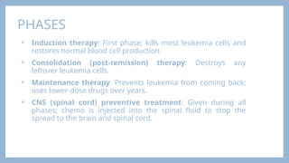 PHASES
 Induction therapy: First phase; kills most leukemia cells and
restores normal blood cell production.
 Consolidation (post-remission) therapy: Destroys any
leftover leukemia cells.
 Maintenance therapy: Prevents leukemia from coming back;
uses lower-dose drugs over years.
 CNS (spinal cord) preventive treatment: Given during all
phases; chemo is injected into the spinal fluid to stop the
spread to the brain and spinal cord.
 
