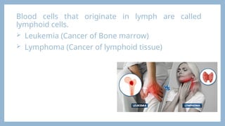 Blood cells that originate in lymph are called
lymphoid cells.
 Leukemia (Cancer of Bone marrow)
 Lymphoma (Cancer of lymphoid tissue)
 