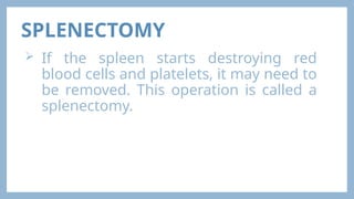 SPLENECTOMY
 If the spleen starts destroying red
blood cells and platelets, it may need to
be removed. This operation is called a
splenectomy.
 
