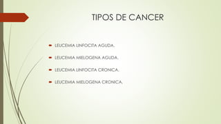 TIPOS DE CANCER
 LEUCEMIA LINFOCITA AGUDA.
 LEUCEMIA MIELOGENA AGUDA.
 LEUCEMIA LINFOCITA CRONICA.
 LEUCEMIA MIELOGENA CRONICA.
 
