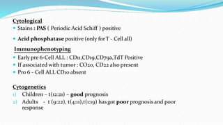 Cytological
 Stains : PAS ( Periodic Acid Schiff ) positive
 Acid phosphatase positive (only forT - Cell all)
Immunophenotyping
 Early pre 6-Cell ALL : CD11,CD19,CD79a,TdT Positive
 If associated with tumor : CO20, CD22 also present
 Pro 6 - Cell ALL CD10 absent
Cytogenetics
1) Children – t(12:21) – good prognosis
2) Adults - t (9:22), t(4:11),t(1:19) has got poor prognosis and poor
response
 