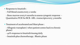  Response to Imatinib :
- Full blood countsevery 2 weeks
- Bone marrowevery 6 months toassess cytogenic response -
Quantitative PCR For BCR- ABL 1 transcriptsevery 3 months
 Treatment of accelerated and blast phase :
- Allogenic transplant ( when patientcomes back tochronic
phase)
- 40% response to Imatinib 600mg daily
- Imatinib pluschemotherapy : Blastic phase
 
