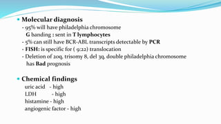  Molecular diagnosis
- 95% will have philadelphia chromosome
G banding : sent in T lymphocytes
- 5% can still have BCR-ABL transcripts detectable by PCR
- FISH: is specific for ( 9:22) translocation
- Deletion of 20q, trisomy 8, del 3q, double philadelphia chromosome
has Bad prognosis
 Chemical findings
uric acid - high
LDH - high
histamine - high
angiogenic factor - high
 
