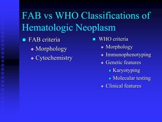 FAB vs WHO Classifications of
Hematologic Neoplasm
 FAB criteria
 Morphology
 Cytochemistry
 WHO criteria
 Morphology
 Immunophenotyping
 Genetic features
 Karyotyping
 Molecular testing
 Clinical features
 