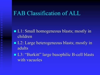 FAB Classification of ALL
 L1: Small homogeneous blasts; mostly in
children
 L2: Large heterogeneous blasts; mostly in
adults
 L3: “Burkitt” large basophilic B-cell blasts
with vacuoles
 