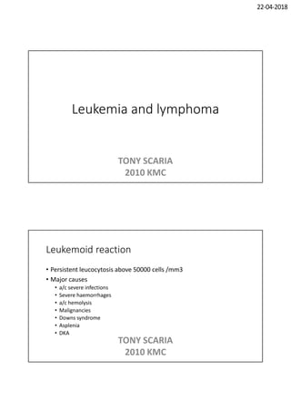 22-04-2018
Leukemia and lymphoma
TONY SCARIA
2010 KMC
Leukemoid reaction
• Persistent leucocytosis above 50000 cells /mm3
• Major causes
• a/c severe infections
• Severe haemorrhages
• a/c hemolysis
• Malignancies
• Downs syndrome
• Asplenia
• DKA
TONY SCARIA
2010 KMC
 