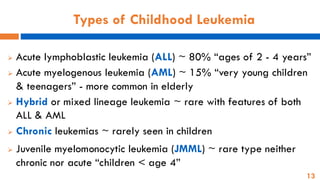 13
Types of Childhood Leukemia
➢ Acute lymphoblastic leukemia (ALL) ~ 80% “ages of 2 - 4 years”
➢ Acute myelogenous leukemia (AML) ~ 15% “very young children
& teenagers” - more common in elderly
➢ Hybrid or mixed lineage leukemia ~ rare with features of both
ALL & AML
➢ Chronic leukemias ~ rarely seen in children
➢ Juvenile myelomonocytic leukemia (JMML) ~ rare type neither
chronic nor acute “children < age 4”
 