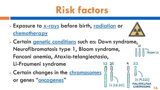 16
Risk factors
➢ Exposure to x-rays before birth, radiation or
chemotherapy
➢ Certain genetic conditions such as: Down syndrome,
Neurofibromatosis type 1, Bloom syndrome,
Fanconi anemia, Ataxia-telangiectasia,
Li-Fraumeni syndrome
➢ Certain changes in the chromosomes
or genes “oncogenes”
 