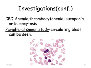 Investigations(conf.)
CBC-Anemia,thrombocytopenia,leucopenia
or leucocytosis.
Peripheral smear study-circulating blast
can be seen.
4/28/2014 30
 