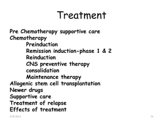 Treatment
Pre Chemotherapy supportive care
Chemotherapy
Preinduction
Remission induction-phase 1 & 2
Reinduction
CNS preventive therapy
consolidation
Maintenance therapy
Allogenic stem cell transplantation
Newer drugs
Supportive care
Treatment of relapse
Effects of treatment
4/28/2014 34
 