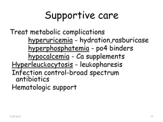 Supportive care
Treat metabolic complications
hyperuricemia - hydration,rasburicase
hyperphosphatemia - po4 binders
hypocalcemia - Ca supplements
Hyperleuckocytosis - leukopharesis
Infection control-broad spectrum
antibiotics
Hematologic support
4/28/2014 35
 