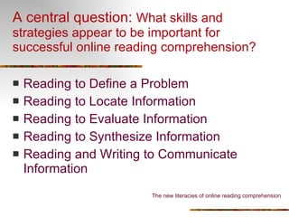 A central question:  What skills and strategies appear to be important for successful online reading comprehension?  Reading to Define a Problem Reading to Locate Information Reading to Evaluate Information Reading to Synthesize Information Reading and Writing to Communicate Information The new literacies of online reading comprehension 