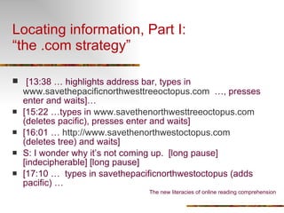 Locating information, Part I:  “the .com strategy” [13:38 … highlights address bar, types in  www.savethepacificnorthwesttreeoctopus.com   …, presses enter and waits]… [15:22 …types in  www.savethenorthwesttreeoctopus.com  (deletes pacific), presses enter and waits] [16:01 …  http://www.savethenorthwestoctopus.com  (deletes tree) and waits] S: I wonder why it’s not coming up.  [long pause] [indecipherable] [long pause] [17:10 …  types in savethepacificnorthwestoctopus (adds pacific) … The new literacies of online reading comprehension 