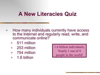 A New Literacies Quiz How many individuals currently have access to the Internet and regularly read, write, and communicate online?   511 million 253 million 754 million 1.6 billion 1.6 billion individuals; Nearly 1 out of 4 people in the world! 