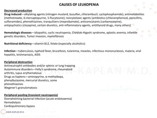 Decreased production
Drug-induced—alkylating agents (nitrogen mustard, busulfan, chlorambucil, cyclophosphamide); antimetabolites
(methotrexate, 6-mercaptopurine, 5-flucytosine); noncytotoxic agents [antibiotics (chloramphenicol, penicillins,
sulfonamides), phenothiazines, tranquilizers (meprobamate), anticonvulsants (carbamazepine),
antipsychotics (clozapine), certain diuretics, anti-inflammatory agents, antithyroid drugs, many others]
Hematologic diseases—idiopathic, cyclic neutropenia, Chédiak-Higashi syndrome, aplastic anemia, infantile
genetic disorders, Tumor invasion, myelofibrosis
Nutritional deficiency—vitamin B12, folate (especially alcoholics)
Infection—tuberculosis, typhoid fever, brucellosis, tularemia, measles, infectious mononucleosis, malaria, viral
hepatitis, leishmaniasis, AIDS
Peripheral destruction
Antineutrophil antibodies and/or splenic or lung trapping
Autoimmune disorders—Felty’s syndrome, rheumatoid
arthritis, lupus erythematosus
Drugs as haptens—aminopyrine, α-methyldopa,
phenylbutazone, mercurial diuretics, some
phenothiazines
Wegener’s granulomatosis
Peripheral pooling (transient neutropenia)
Overwhelming bacterial infection (acute endotoxemia)
Hemodialysis
Cardiopulmonary bypass
CAUSES OF LEUKOPENIA
 