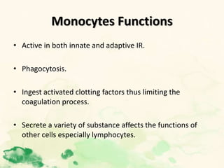 Monocytes Functions
• Active in both innate and adaptive IR.
• Phagocytosis.
• Ingest activated clotting factors thus limiting the
coagulation process.
• Secrete a variety of substance affects the functions of
other cells especially lymphocytes.
 