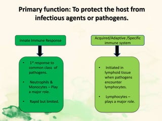 Primary function: To protect the host from
infectious agents or pathogens.
Innate Immune Response
Acquired/Adaptive /Specific
immune system
• 1st response to
common class of
pathogens.
• Neutrophils &
Monocytes – Play
a major role.
• Rapid but limited.
• Initiated in
lymphoid tissue
when pathogens
encounter
lymphocytes.
• Lymphocytes –
plays a major role.
 