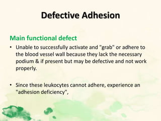 Defective Adhesion
Main functional defect
• Unable to successfully activate and "grab" or adhere to
the blood vessel wall because they lack the necessary
podium & if present but may be defective and not work
properly.
• Since these leukocytes cannot adhere, experience an
"adhesion deficiency",
 