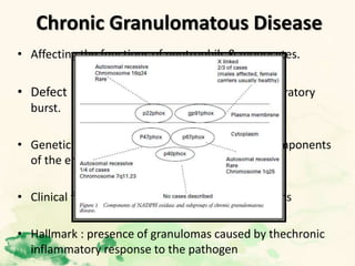 Chronic Granulomatous Disease
• Affecting the functions of neutrophils & monocytes.
• Defect : Absent or Reduced function of the respiratory
burst.
• Genetic defect: Congenital defects in the five components
of the enzyme NADPH oxidase.
• Clinical features: Rucurrent catalase +ve infections
• Hallmark : presence of granulomas caused by thechronic
inflammatory response to the pathogen
 