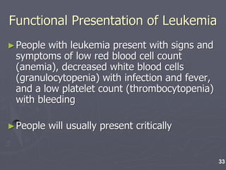 Functional Presentation of Leukemia
►People with leukemia present with signs and
symptoms of low red blood cell count
(anemia), decreased white blood cells
(granulocytopenia) with infection and fever,
and a low platelet count (thrombocytopenia)
with bleeding
►People will usually present critically
33
 
