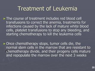 Treatment of Leukemia
►The course of treatment includes red blood cell
transfusions to correct the anemia, treatments for
infections caused by the lack of mature white blood
cells, platelet transfusions to stop any bleeding, and
starting chemotherapy to kill the leukemia cells
►Once chemotherapy stops, tumor cells die, the
normal stem cells in the marrow that are resistant to
chemotherapy divide, and their progeny cells mature
and repopulate the marrow over the next 3 weeks
35
 