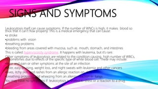 SIGNS AND SYMPTOMS
Leukocytosis itself can cause symptoms. If the number of WNCs is high, it makes blood so
thick that it can’t flow properly. This is a medical emergency that can cause:
•a stroke
•problems with vision
•breathing problems
•bleeding from areas covered with mucosa, such as mouth, stomach, and intestines
This is called hyperviscosity syndrome. It happens with leukemia, but it’s rare.
Other symptoms of leukocytosis are related to the condition causing high number of WBCs,
or sometimes due to effects of the specific type of white blood cell. These may include:
•fever and pain or other symptoms at the site of an infection
•fever, easy bruising, weight loss, and night sweats with leukemia and other cancers
•hives, itchy skin, and rashes from an allergic reaction on skin
•breathing problems and wheezing from an allergic reaction in lungs
You may have no symptoms if leukocytosis is related to stress or a reaction to a drug.
 