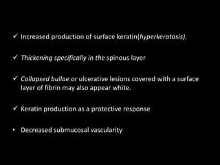  Increased production of surface keratin(hyperkeratosis).
 Thickening specifically in the spinous layer
 Collapsed bullae or ulcerative lesions covered with a surface
layer of fibrin may also appear white.
 Keratin production as a protective response
• Decreased submucosal vascularity
 