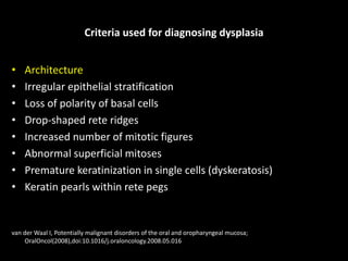 Criteria used for diagnosing dysplasia
• Architecture
• Irregular epithelial stratification
• Loss of polarity of basal cells
• Drop-shaped rete ridges
• Increased number of mitotic figures
• Abnormal superficial mitoses
• Premature keratinization in single cells (dyskeratosis)
• Keratin pearls within rete pegs
van der Waal I, Potentially malignant disorders of the oral and oropharyngeal mucosa;
OralOncol(2008),doi:10.1016/j.oraloncology.2008.05.016
 