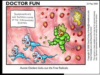 • Antioxidants
Antioxidants may be regarded as those substances which will
significantly delay or inhibit the oxidation of a substance and
protect the body against oxidative damage.
• Mode of action
The antioxidants act by breakage of chain reaction, reducing
concentration of reactive oxygen species, scavenging initiating
radicals or chelation of transition metal catalyst
 