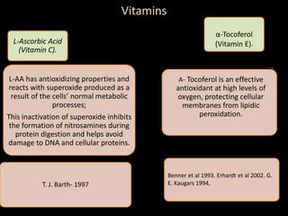 Vitamins
L-Ascorbic Acid
(Vitamin C).
L-AA has antioxidizing properties and
reacts with superoxide produced as a
result of the cells’ normal metabolic
processes;
This inactivation of superoxide inhibits
the formation of nitrosamines during
protein digestion and helps avoid
damage to DNA and cellular proteins.
T. J. Barth- 1997
.
α-Tocoferol
(Vitamin E).
Benner et al 1993. Erhardt et al 2002. G.
E. Kaugars 1994,
Α- Tocoferol is an effective
antioxidant at high levels of
oxygen, protecting cellular
membranes from lipidic
peroxidation.
 
