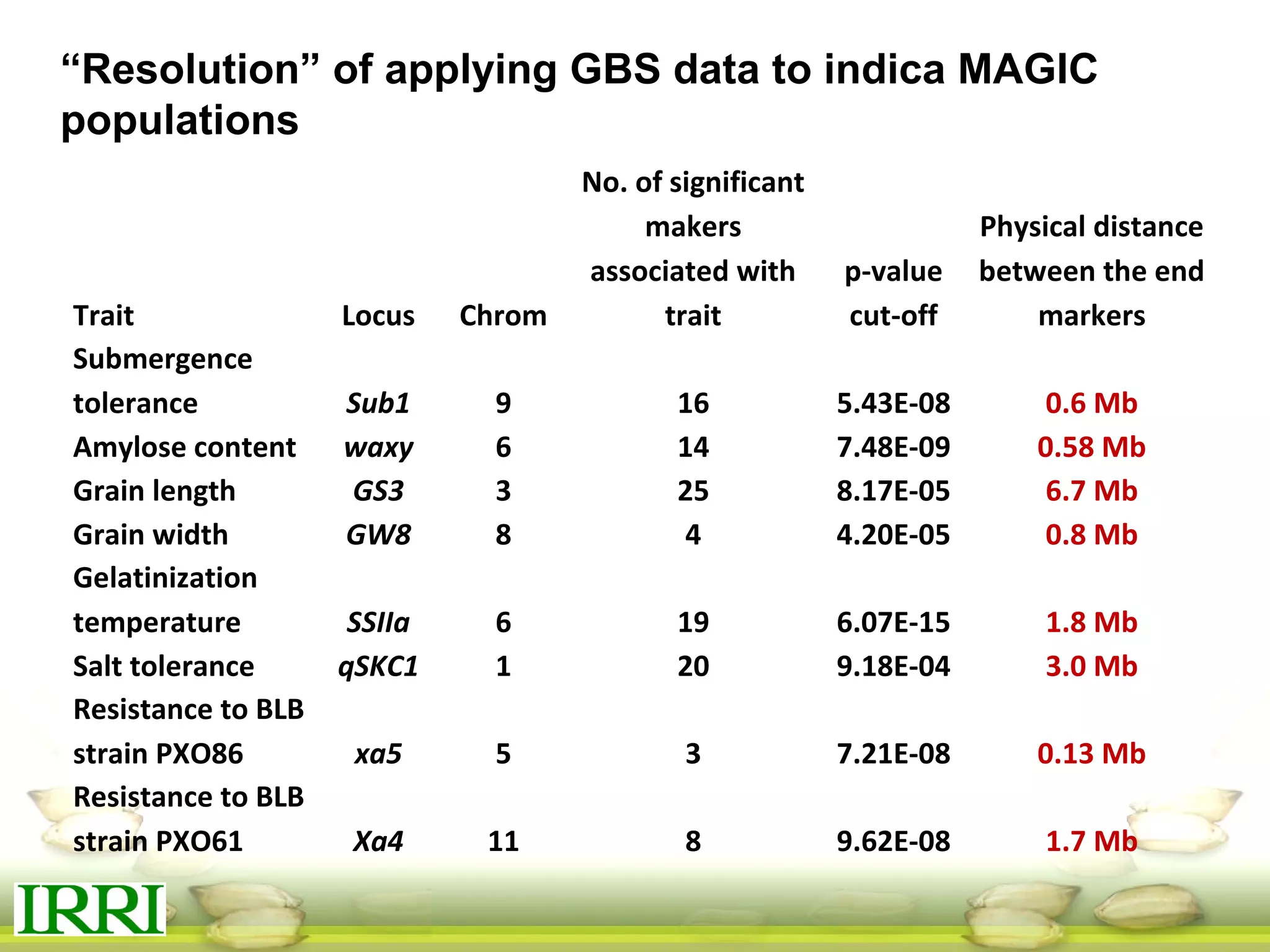 Trait Locus Chrom
No. of significant
makers
associated with
trait
p-value
cut-off
Physical distance
between the end
markers
Submergence
tolerance Sub1 9 16 5.43E-08 0.6 Mb
Amylose content waxy 6 14 7.48E-09 0.58 Mb
Grain length GS3 3 25 8.17E-05 6.7 Mb
Grain width GW8 8 4 4.20E-05 0.8 Mb
Gelatinization
temperature SSIIa 6 19 6.07E-15 1.8 Mb
Salt tolerance qSKC1 1 20 9.18E-04 3.0 Mb
Resistance to BLB
strain PXO86 xa5 5 3 7.21E-08 0.13 Mb
Resistance to BLB
strain PXO61 Xa4 11 8 9.62E-08 1.7 Mb
“Resolution” of applying GBS data to indica MAGIC
populations
 
