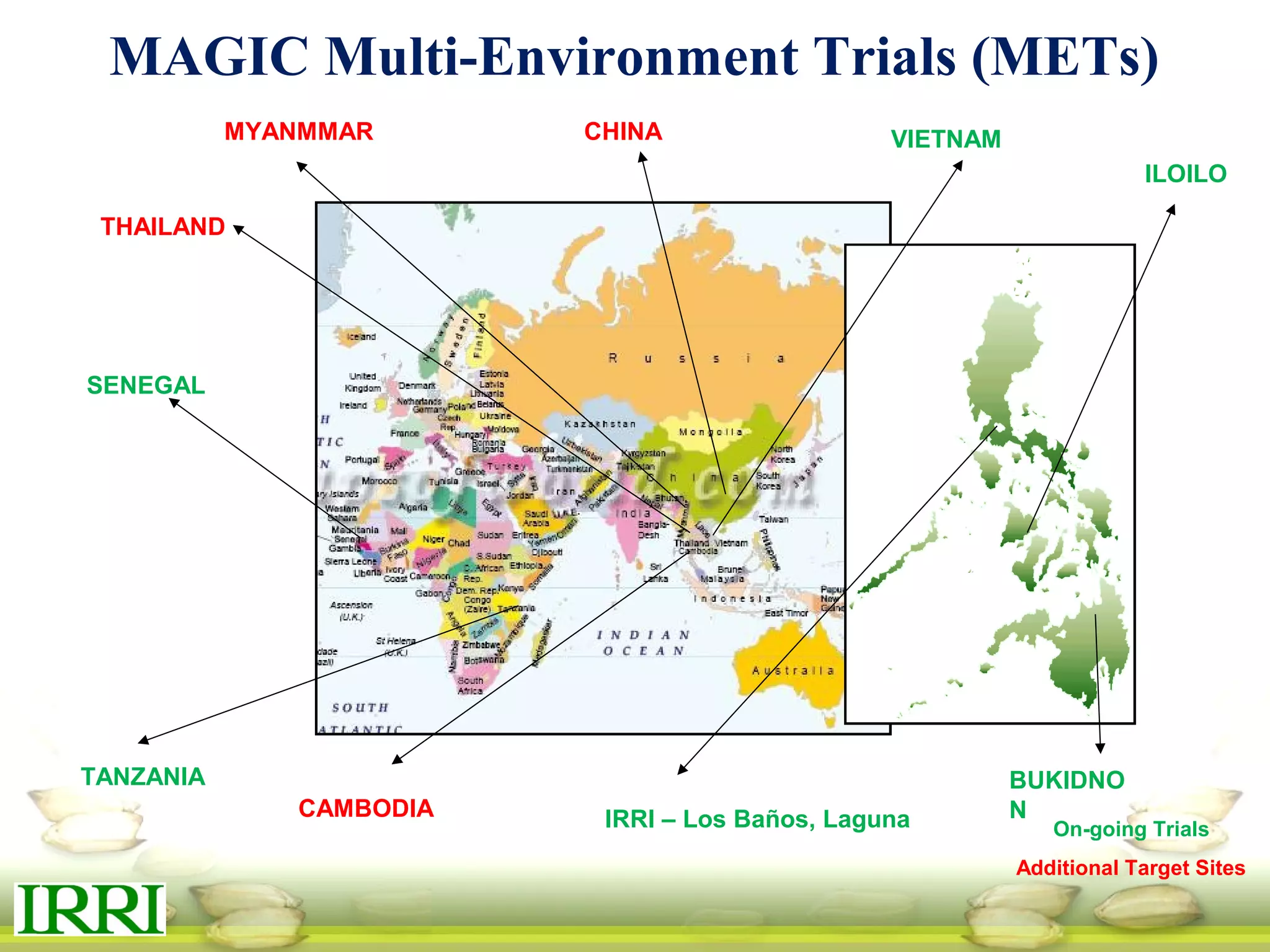 TANZANIA
VIETNAMCHINA
CAMBODIA
SENEGAL
IRRI – Los Baños, Laguna
ILOILO
BUKIDNON
MAGIC Multi-Environment Trials (METs)
On-going Trials
Additional Target Sites
MYANMMAR
THAILAND
 