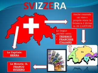 Le lingue
parlate sono:
• TEDESCO
• FRANCESE
ITALIANO
La Capitale:
BERNA
Anche essendo
un vero e
proprio stato la
Svizzera è divisa
in 26 CANTONI
La Moneta: IL
FRANCO
SVIZERO
 
