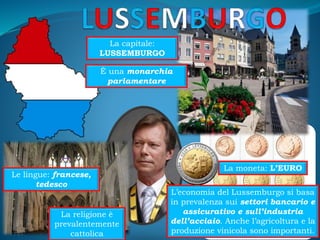 La capitale:
LUSSEMBURGO
Le lingue: francese,
tedesco
È una monarchia
parlamentare
La moneta: L’EURO
L’economia del Lussemburgo si basa
in prevalenza sui settori bancario e
assicurativo e sull’industria
dell’acciaio. Anche l’agricoltura e la
produzione vinicola sono importanti.
La religione è
prevalentemente
cattolica
 